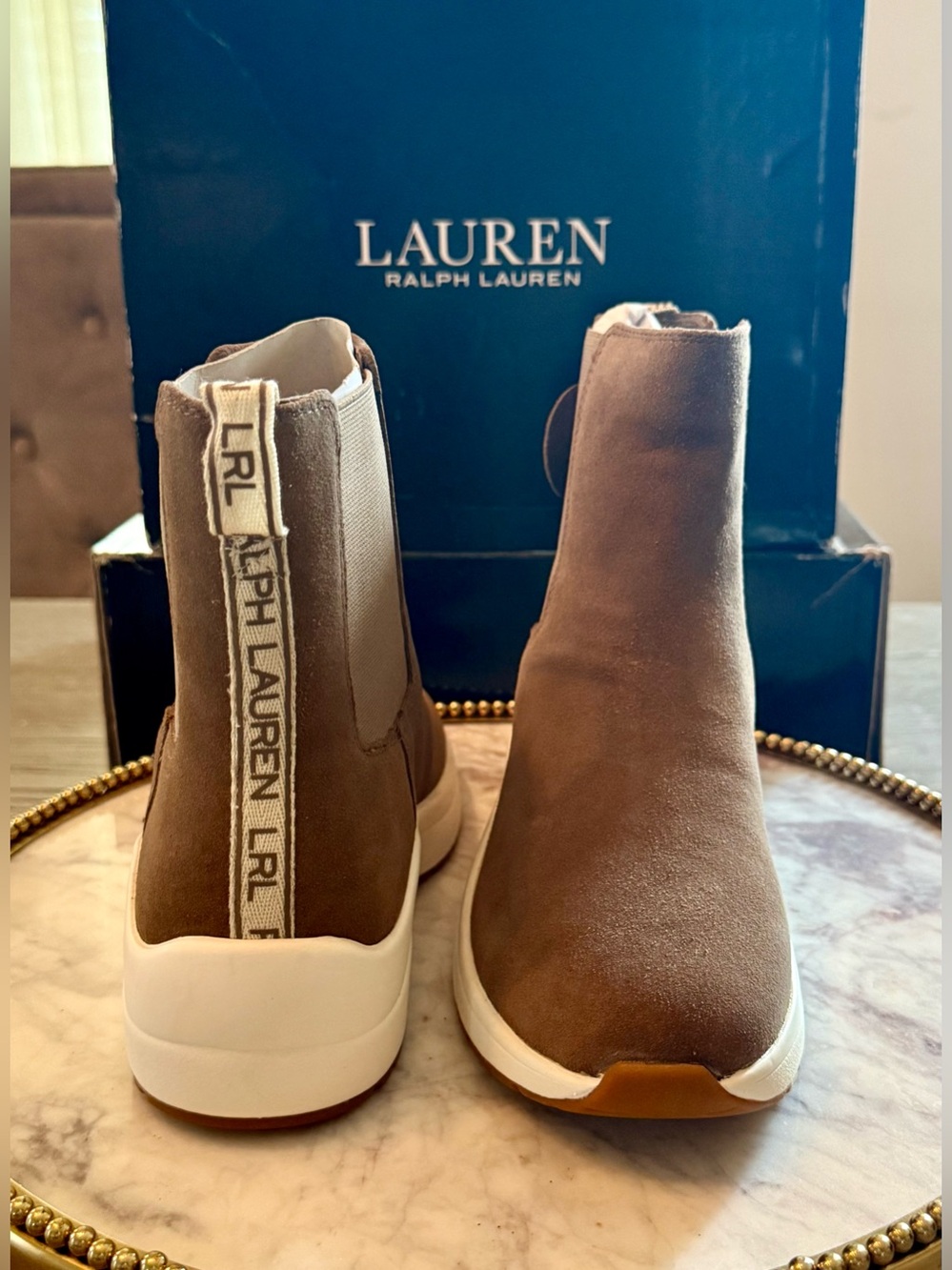 Lauren Ralph Rylee Grey/Tan Leather Suede Chelsea-Boot Sneakers | SZ. 6 (NWB)